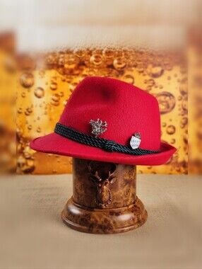 Red Fedora Trachten Hat & Vintage Stag Crest Pins Oktoberfest Small XS